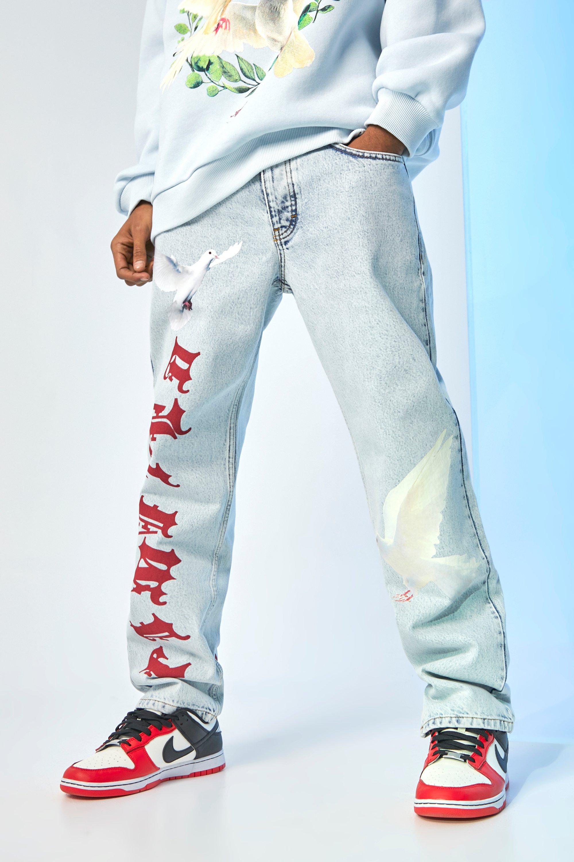 Relaxed Fit Text Dove Print Jean | boohooMAN